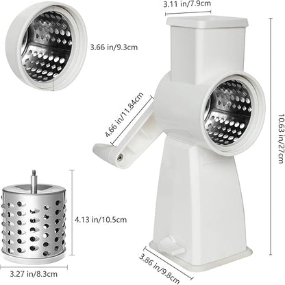 4-in-1 Rotary Cheese Grater Handheld, Lightweight Body with 4 Stainless Steel Blades & Non-Slip Suction Base, for Shredding Parmesan, Slicing Vegetables, Grating Chocolate（White）