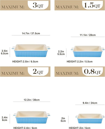 MALACASA Casserole Dishes for Oven, Porcelain Baking Dishes, Ceramic Bakeware Sets of 4, Rectangular Lasagna Pans Deep with Handles for Baking Kitchen, Blue (9.4"/11.1"/12.2"/14.7"), Series BAKE.BAKE