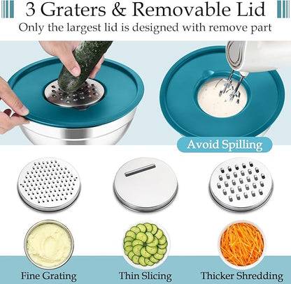 TeamFar Mixing Bowls, Stainless Steel Nesting Salad Bowls with Lids Set of 3 & 3 Grater Attachments, For Mixing/Serving/Storing, Non-toxic & Long-lasting, Size 4.6/3 / 1.5 QT, Navy Blue