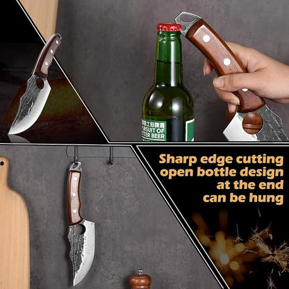 Chef Knife Kitchen Knives Japanese Butcher Knife Meat Cleaver, High Carbon Steel Hand Forged Full Tang Viking Knives with Sheath for Camping, Outdoor, BBQ, Home