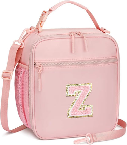 Initial Insulated Lunch Bag for Girls Kids, Back to School Gift, Reusable Leak-proof Lunch Box with Adjustable Strap for School Daycare Travel Picnic (Pink,Z)