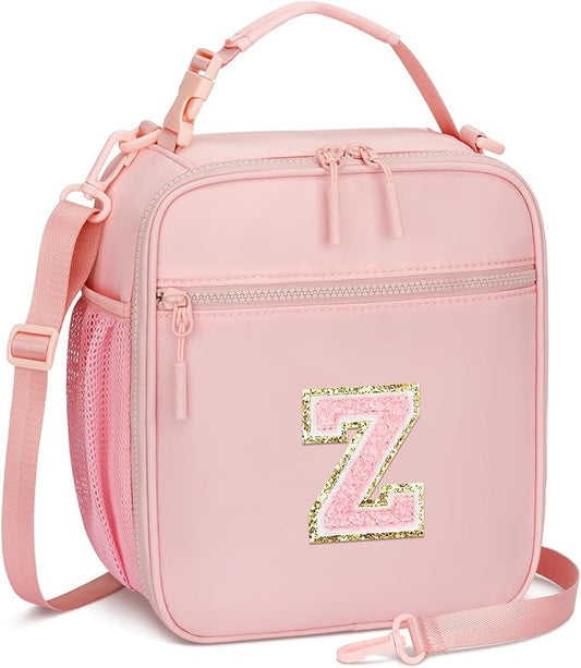 Initial Insulated Lunch Bag for Girls Kids, Back to School Gift, Reusable Leak-proof Lunch Box with Adjustable Strap for School Daycare Travel Picnic (Pink,Z)