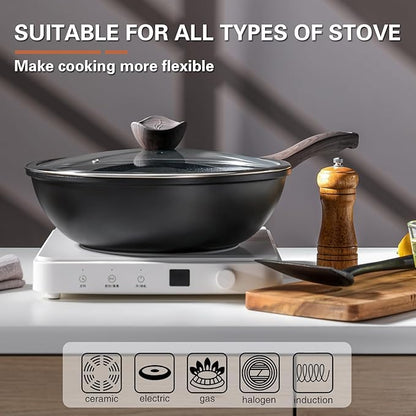 Kordisen Nonstick Wok with Lid, 12 Inch Woks & Stir-fry Pans, Granite Stone Coating for Cooking, Induction Cookware, Compatible with All Stovetops, PFOA Free