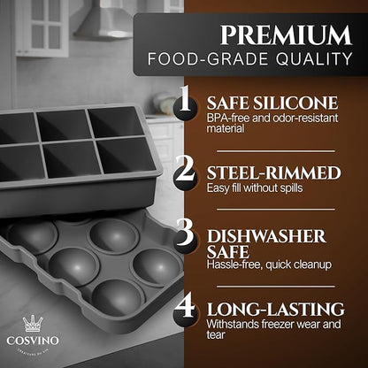 Large Ice Cube Trays Perfect for Whiskey and Summer Drinks - Italian Design - 2 Pack (16 x Ice Cubes | Square and Round | XL size) - Cosvino - Removable Lid, Easy Release (Tuxedo Black)