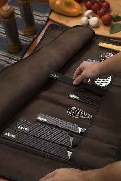 Asaya Canvas Chef Knife Roll Bag - 10 Knife Slots and a Large Zipper Pocket - Durable 10oz Canvas Knife Case with an Adjustable Shoulder Strap - Knives not Included