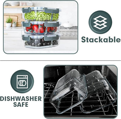 VERONES 10 Pack Glass Meal Prep Containers 2 Compartment Set, 30 OZ Airtight Glass Lunch Containers, Glass Food Storage Containers with Lids, for Microwave, Oven, Freezer & Dishwasher Friendly，Grey