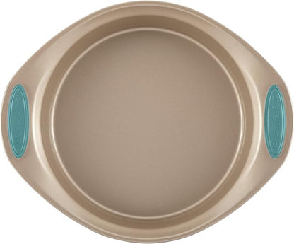 Rachael Ray 47578 Cucina Nonstick Bakeware Set with Grips Includes Nonstick Bread Pan, Baking Sheet, Cookie Sheet, Baking Pans, Cake Pan and Muffin Pan - 10 Piece, Latte Brown with Agave Blue Grips