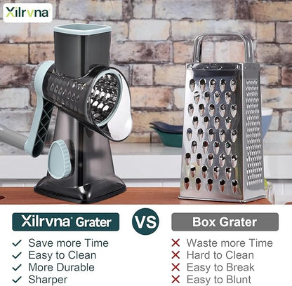 Rotary Cheese Grater with Handle Kitchen Shredder Slicer Grater Slicer Ice Shaver Cheese Vegetable Nuts Potato Zucchini Chocolate 3 Interchangeable Blades (GreyBlue)