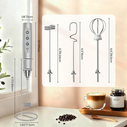 Milk Frother Handheld Rechargeable with Stand, Frother Wand Drink Mixer Electric Whisk for Coffee, Detachable With 3 Stainless Whisks, Hand Mixer for Lattes, Cappuccino, Matcha, Egg, Silver