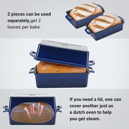 2 in 1 Enameled Cast Iron Bread Pan with Lid, Perfect Bread Oven, Loaf Pans for Baking Homemade Sourdough Bread 9x5, 2 Piece set, Navy Blue