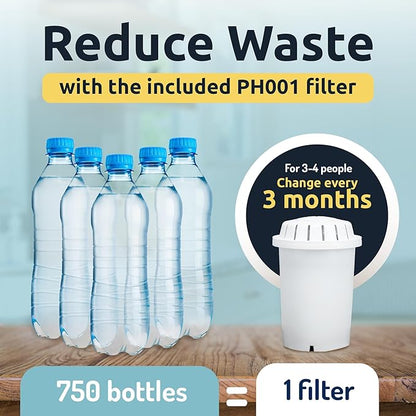 Invigorated Water pH Recharge Alkaline Water Filter Dispenser – BPA-Free Glass Countertop Water Filter Pitcher Purifier for Home & Office, 36-Cup Capacity, 360L Long Filter Life (Acacia/Marble)