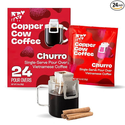 Copper Cow Coffee Premium Pour Over Single-Serve Vietnamese Coffee Pouches (24 pack) | Churro | Dark Roast | Flavored with Real Cinnamon | Convenient Vietnamese Ground Coffee Packets, Travel Friendly