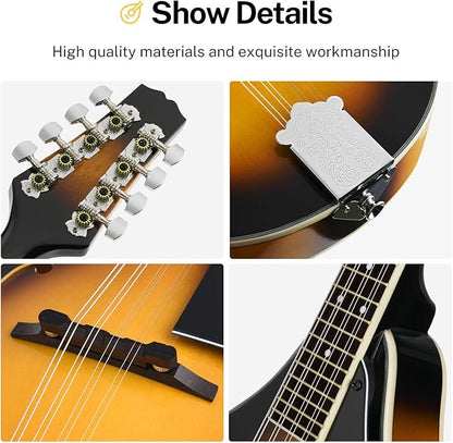 Donner A Style Mandolin Instrument Sunburst Beginner Adult Acoustic Mandolin Musical Instrument Mahogany 8 String, Bundle With Tuner String Bag Guitar Picks,DML-1