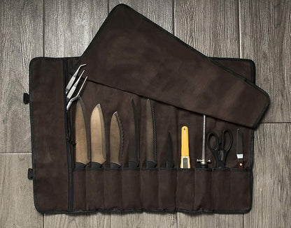 Asaya Canvas Chef Knife Roll Bag - 10 Knife Slots and a Large Zipper Pocket - Durable 10oz Canvas Knife Case with an Adjustable Shoulder Strap - Knives not Included