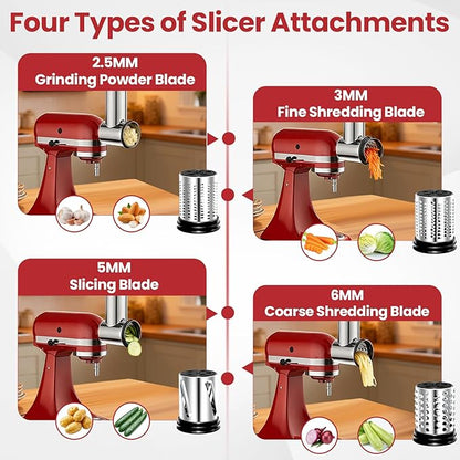 Stainless Steel Slicer Shredder Attachment for KitchenAid Stand Mixers, Large Vegetable Slicer Cheese Grater Attachment for Kitchenaid, Salad Maker Grinding Powder with 4 Blades