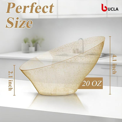 bUCLA 12 Pack Gold Glitter Plastic Serving Bowls - 20 OZ Disposable Snack, Fruit, Chip, Candy Angled Serving Bowls for Party & Thanksgiving