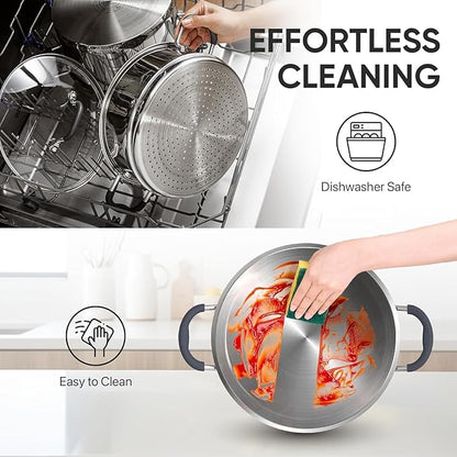 SUNHOUSE - 4.6 Quart Steamer Pots With Lid 2-Tier Multipurpose Stainless Steel Steaming Pot Cookware With Handle For Vegetable, Dumpling, Sauce, Food - Triple Bottom, Measurement Line