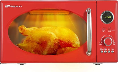 Emerson MWRG0901RD Retro Compact Countertop 800W Microwave Oven with 1,000W Grill Function, LED Display 5 Power Levels, 8 Auto Menus, Glass Turntable and Child Safe Lock, 0.9 Cu. Ft, Red