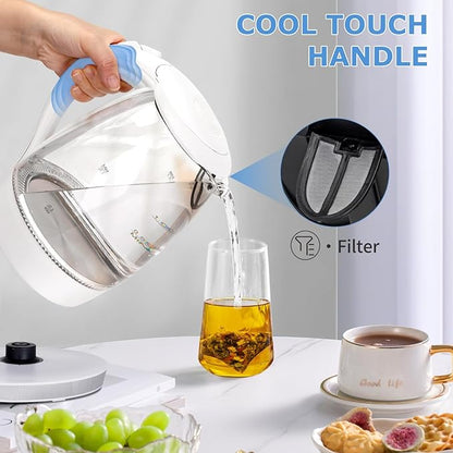 Aigostar Electric Kettle, 1500W Glass Electric Tea Kettle Rapid Heating, Borosilicate Glass, Auto Shutoff and Boil-Dry Protection, Hot Water Boiler BPA Free and Cordless with LED Indicator, 1.7 Liter