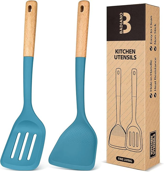 Silicone Wok Spatula Turner Set, Perfect for Scooping, Flipping, Lifting Pancakes and Picking up Veggies, BPA-Free Matte Silicone, Wooden Handles, Safe for Nonstick Cooking Surfaces (Blue)