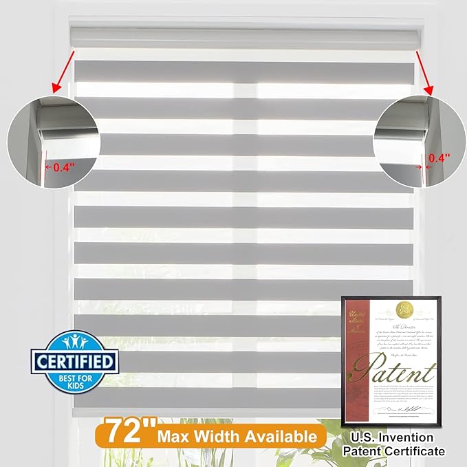 Persilux Zebra Blinds for Windows, Cordless Roller Blinds (34.5" W x 72" H, Grey) Light Filtering Sheer Window Treatments, Light Control for Day and Night, Room Darkening Roller Shades for Windows