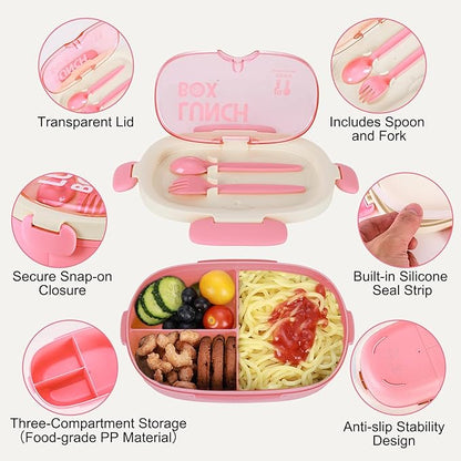 Bento Box Kids Lunch Box with Spoon & Fork - 28oz, 3 Compartment Sandwich Containers Travel Snack Boxes, Microwave/Dishwasher/Freezer Safe, BPA Free Meal Prep Food Storage Containers - Pink