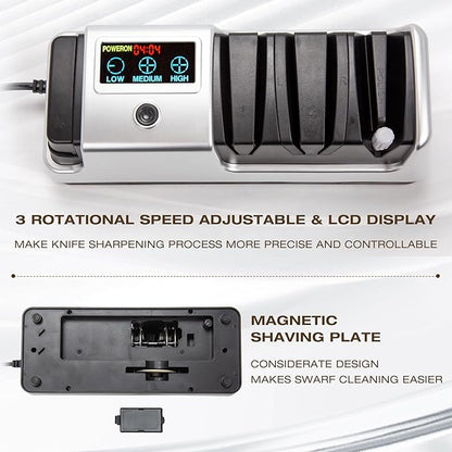 Silver Professional 3-Stage Electric Knife Sharpener for Kitchen Knives, LCD Screen, 100% Diamond Abrasive, Adjustable Rotational Speed, Precision Angle Guides for All Kitchen Knives