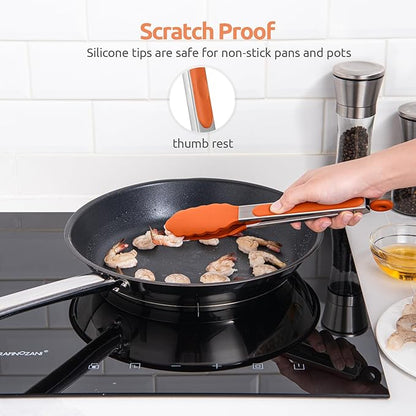 Heat Resistant Silicone Kitchen Tong: U-Taste 9 inch 480ºF Hot Proof Cooking Tong with Firm Sealed Non Stick Rubber Tips & Silicon Coated Steel Handle & Smooth Locking for Serving Grill Salad (Orange)