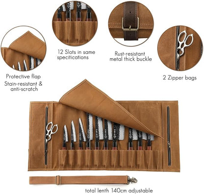 Chef Knife Roll Bag 16oz Oil Waxed Canvas with Cazy Horse Leather, 12 Slots & 2 Zipper Pockets, Portable Backpack Knife Case Storage, Detachable Adjustable Shoulder Strap Belt(Not Included Knives)