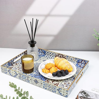 Spsyrine Decorative Serving Tray with Handles, Lacquered Coffee Table Tray for Ottoman, Rectangular Waterproof Platters for Centerpieces, Parties, Living Room, Kitchen Counter Organization SP3040RE1