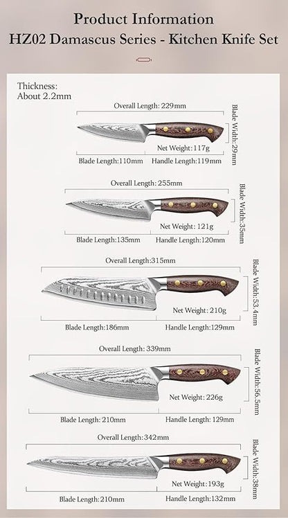 HEZHEN Damascus Chef Knife Set, 67 Layers Damascus Steel, 5PCS, Ultra Sharp, Professional Kitchen Knife Set for Chefs and Home Cooking, Ergonomic Micarta Handle, Gift Packing
