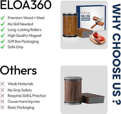 ELOA360 Knife Sharpener, Rolling Knife Sharpener Kit with Diamond and Ceramic Discs with 15° and 20° Magnetic Angle, kitchen knife sharpener, Razor-Sharp knife sharpening Tool