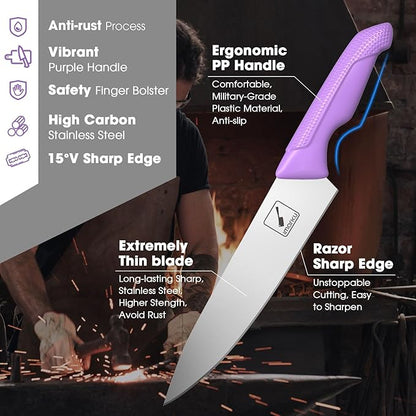 imarku® Kitchen Knife Set, Sharp Knives Set with Built-in Sharpener, Stainless Steel Block Knife Set and Non-Slip Ergonomic Handle, Dishwasher Safe, 14 PCS Professional Knife Set for Gift, Lavender