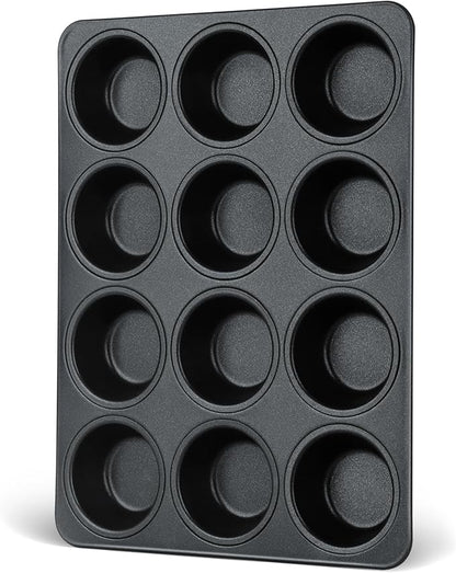 E-far Nonstick Muffin Pans 12 Cups, Stainless Steel Muffin Tin Cupcake Pan Tray for Baking, Stainless Steel Core & Non Toxic, Easy Release & Easy Clean, Black
