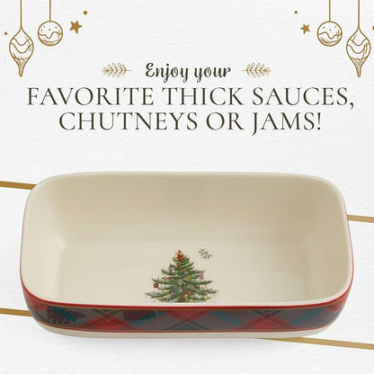 Spode Christmas Tree Tartan Cranberry Sauce Serving Dish with Slotted Spoon (8"x 4.25") - Rectangular Holiday Server with Plaid Border - Dishwasher, Microwave, Freezer Safe Serveware for Entertaining