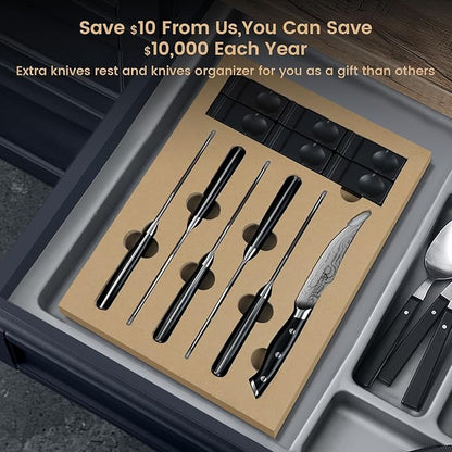 Steak Knives Set of 6, 4.8 Inch Non Serrated Razor-Sharp Durable Dinner knives with Rest, German Stainless Steel Damascus Pattern Full Tang Forged, Rust Resistant & Easy to Maintain