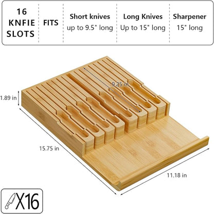 Domax Bamboo In-drawer Knife Block - Knife Drawer Organizer Insert Large Handle Steak Knife Holder, Kitchen Drawer Knife Organizer Fits for 16 knives and 1 Sharpening Steel (Not Included), Natural