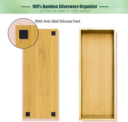 Bamboo Drawer Silverware Organizer, Utensil Organizer, Bamboo Storage Box Wood Silverware Tray for Drawer Set of 2