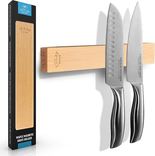 Zulay 11.75" Seamless Maple Wood Magnetic Knife Holder - Wooden Magnetic Knife Strip for Organizing your Kitchen - Elegant & Multifunctional Magnet Holder for Wall with Easy Installation