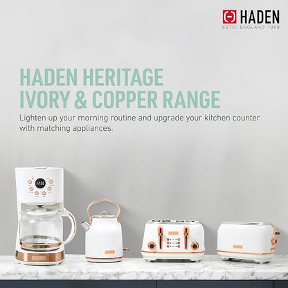 Haden Heritage 4 Slice Wide Slot Stainless Steel Toaster with Adjustable Browning Control & Non-Slip Feet, Ivory & Copper
