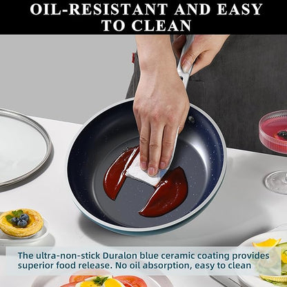 Nuwave 9pc Cookware Set Healthy Duralon Blue Ceramic Nonstick Coated, Diamond Infused Scratch-Resistant, PFAS Free, Oven Safe, Induction Ready & Evenly Heats, Tempered Glass Lids & Stay-Cool Handle