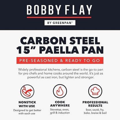 GreenPan x Bobby Flay 15” Carbon Steel Paella Pan, Pre-Seasoned, Nontoxic, PFAS-Free, Induction Compatible, Flat Bottom, Rice & Seafood Dishes, High Heat & Oven Safe Durable, Cast Iron Alternative