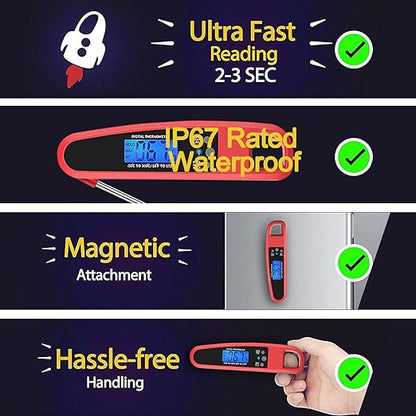 Instant Read Meat Thermometer for Kitchen Cooking, Ultra Fast Precise Waterproof Digital Food Thermometer with Backlight, Magnet and Foldable Probe for Deep Fry, Outdoor BBQ, Grill(RED)