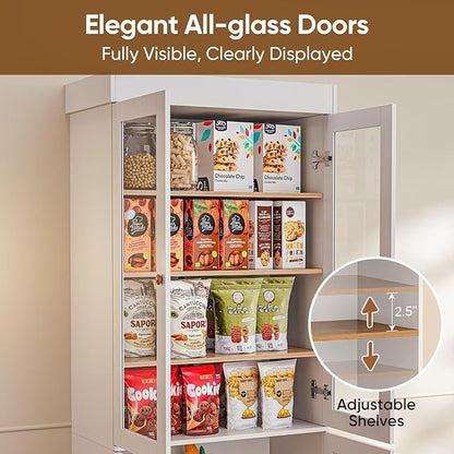 70.8" Tall Farmhouse Kitchen Pantry Cabinet with Glass Doors, Modular Storage Cabinet with 6-Tier Adjustable Shelves, White, Wooden Hutch for Kitchen, Living Room, Set of 4