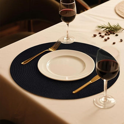 FunWheat Round Braided Placemats Set of 6 Place mats for Dining Tables Woven Heat Resistant Table Mats 15 inch (Black,6pcs)
