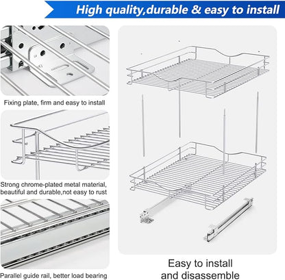 FULGENTE Chrome Finish Pull Out Drawer Cabinet Organizer 2 Tier (17" W * 21" D*15.12''H) Professional Sliding Pantry Shelves Under Kitchen Bathroom Sink Wire Drawer Storage Roll Out Shelf Basket