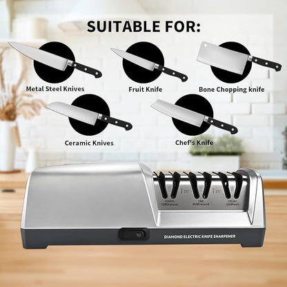 Electric Knife Sharpener 3 Stage, With 100% Diamond Abrasives and 15° Precision Angle Guides, Knife Sharpener Electric for all Kitchen Knives, Super Quiet Sharpenning and Polishing, Silver