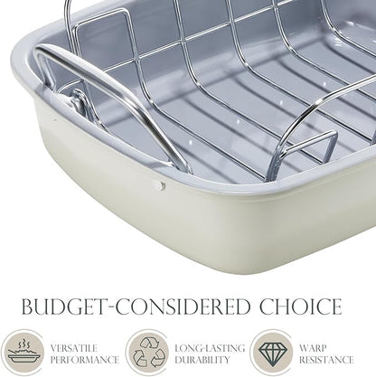 KITESSENSU Nonstick Turkey Roasting Pan with Rack 17 x 14 inch - Large Chicken Roaster Pan for Oven - Wider Handles & Heavy Duty Construction - Suitable for 24lb Turkey, Cream