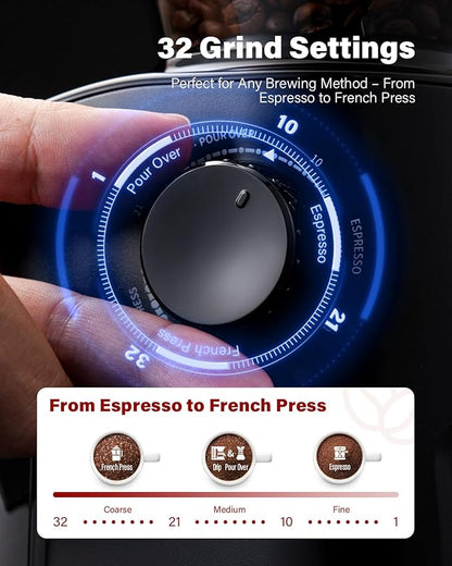 SHARDOR Burr Coffee Grinder 3.0, 32 Grind Settings for Espresso, Pour Over, Drip, and French Press, Adjustable Timer, Easy-Clean Chamber for Home Brewing