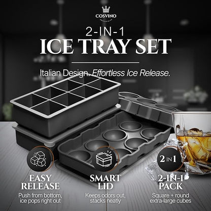 Large Ice Cube Trays Perfect for Whiskey and Summer Drinks - Italian Design - 2 Pack (16 x Ice Cubes | Square and Round | XL size) - Cosvino - Removable Lid, Easy Release (Tuxedo Black)